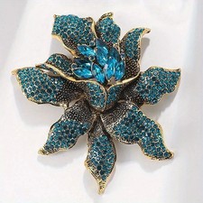 Unique Vintage Style Flower Leaf Blue Rhinestone Crystal Pendant Brooch Pin Gift picture