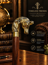 Solid Brass Wolf Head Walking Cane Handcrafted Wooden Shaft Gentleman Stick Gift picture