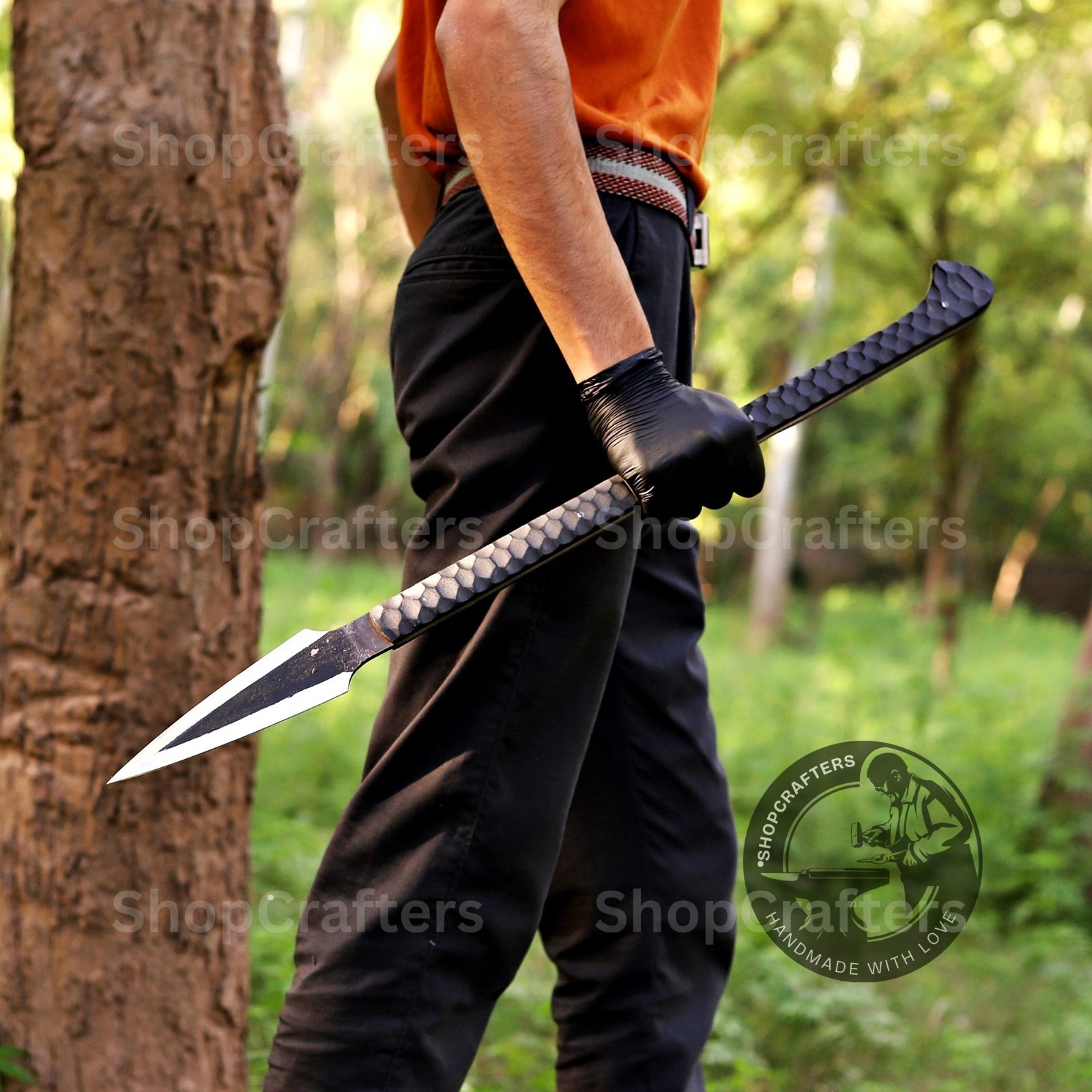 CUSTOM HANDMADE HIGH CARBON STEEL BOAR HUNTING SPEAR WITH LEATHER SHEATH CUSTOM HANDMADE HIGH CARBON STEEL BOAR HUNTING SPEAR WITH LEATHER SHEATH