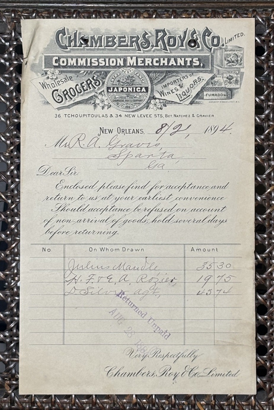 1894 Chambers Roy & Co Ltd New Orleans Wine Tobacco Billhead Koeckert & Walle 1894 Chambers Roy & Co Ltd New Orleans Wine Tobacco Billhead Koeckert & Walle