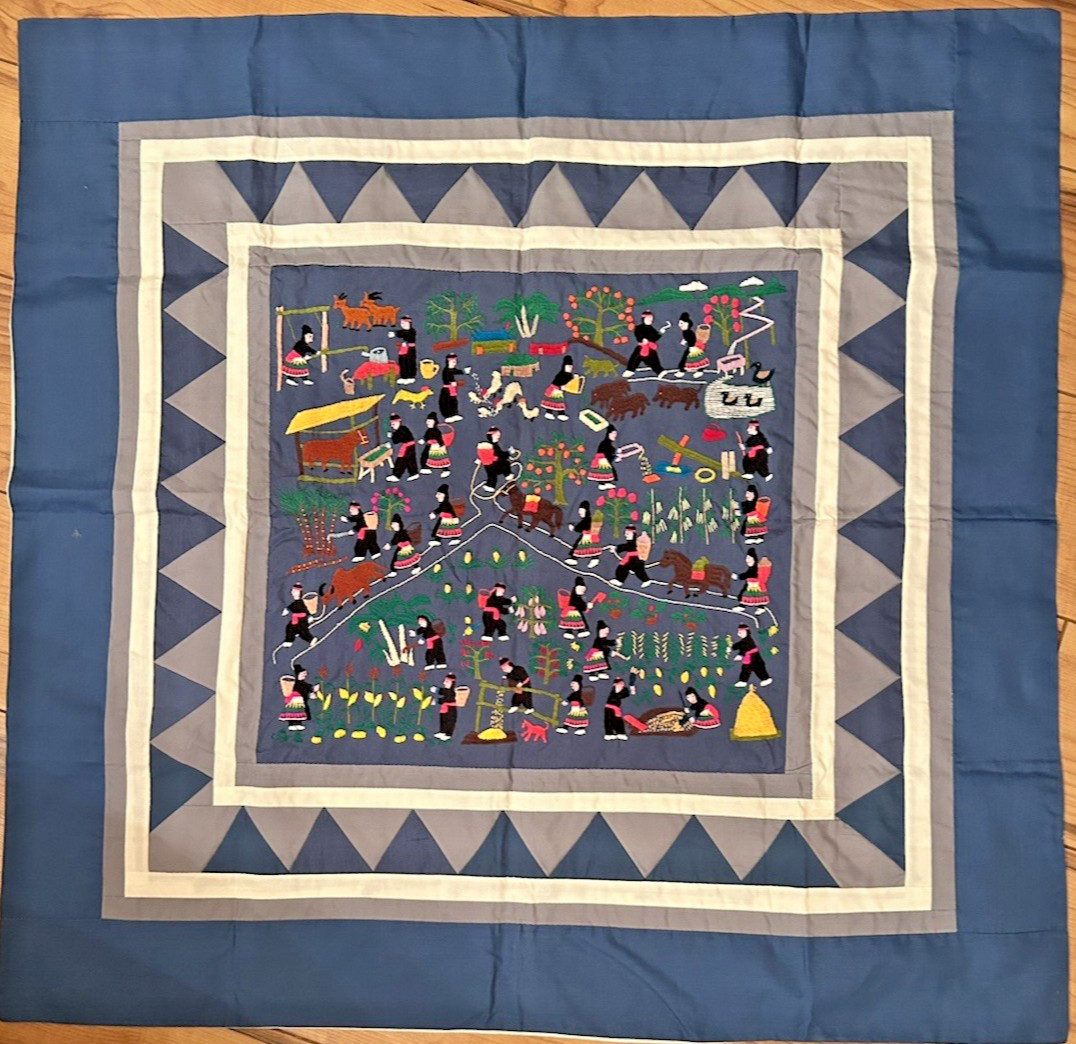Vtg Folk Art Embroidered Story Cloth Textile Wall Hanging Table Topper Hmong 37"