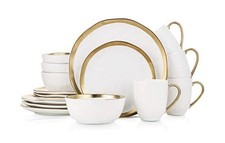 Stone Lain Modern Poreclain 16 Piece Dinnerware Set, White And Gold Rim picture