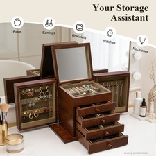 5 Layers Vintage Large Jewelry Organizer Wooden Storage Box Case with 4 Drawers picture