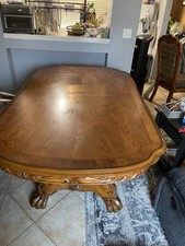 Carved Wood Dining Table and Chair Set, Brown, Gloss Finish, Damask Upholstered picture