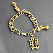 Vintage Gold Tone Charm Bracelet Worry Bird Love Birds Bunny Rabbit 6.5" READ picture