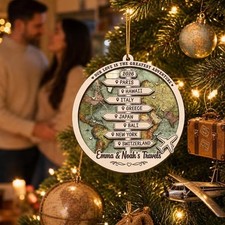 Custom Couple Travel Christmas Ornament Wooden Tree Hanging Decor Gift picture