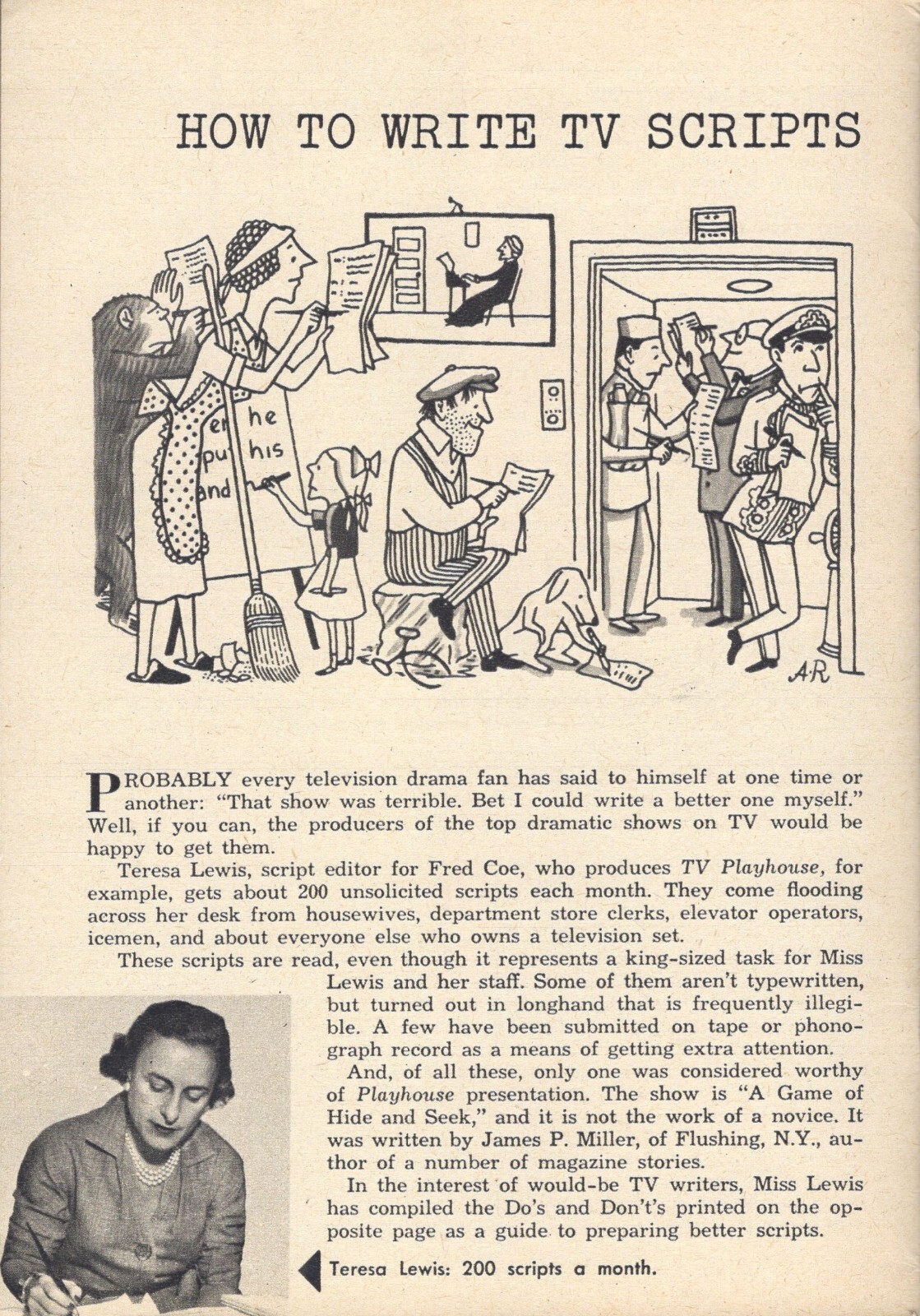 1954 TV ARTICLE HOW TO WRITE TELEVISION SCRIPTS EDITOR TERESA LEWIS TV PLAYHOUSE