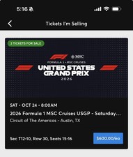 Formula 1 US Grand Prix 2 Tickets Oct 24 2026 8AM COTA Austin Sec T12-10 picture