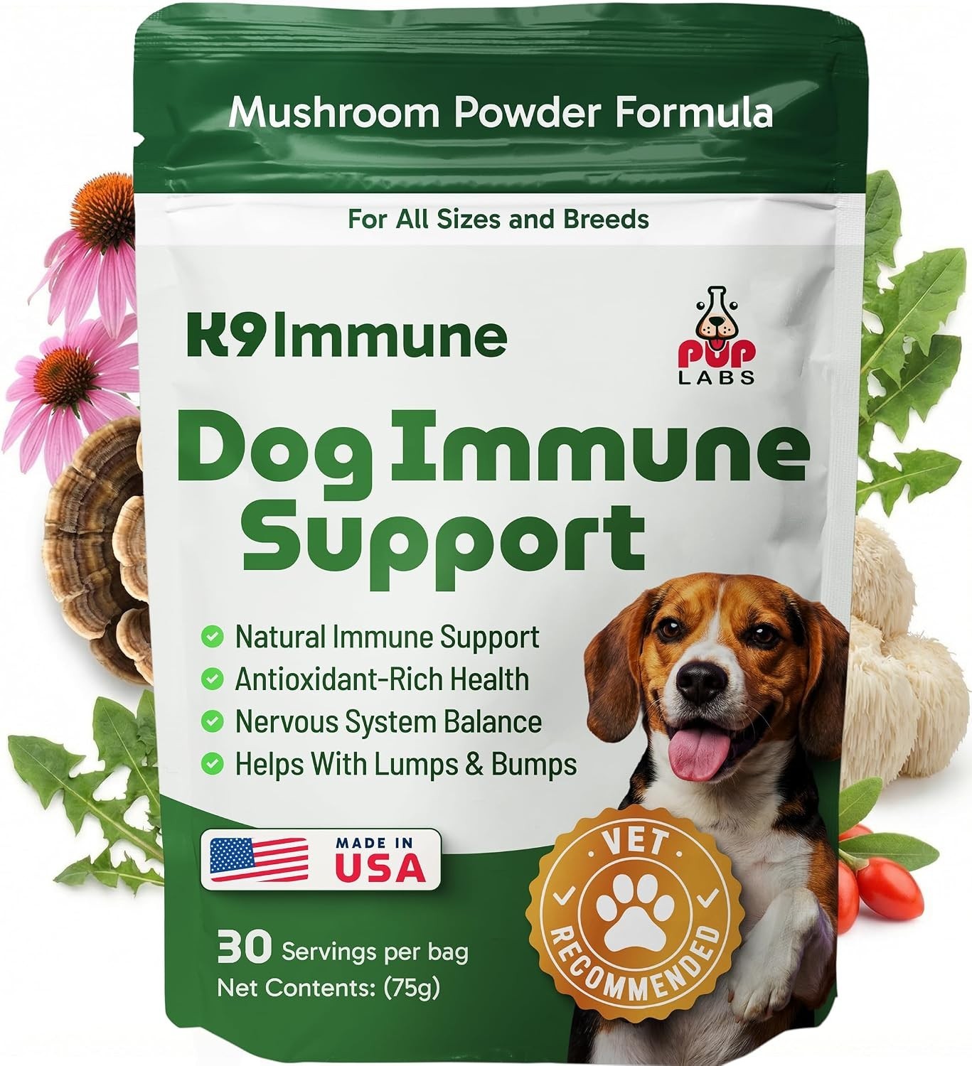 Pup Labs K9 Immune, All-Natural Mushroom Powder for Dogs for Immunity-30 Serving