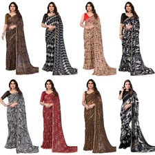 Women's Lace & Printed Chiffon Saree with Unstitched Blouse Piece picture