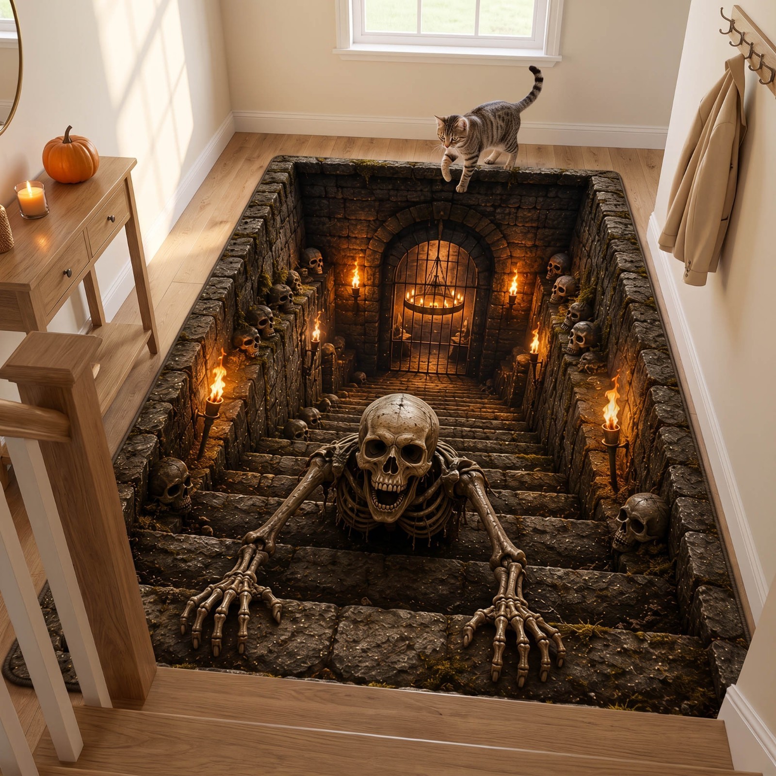 Skeleton Dungeon Staircase Area Rug, Scary Halloween 3D Illusion Floor Mat Skeleton Dungeon Staircase Area Rug, Scary Halloween 3D Illusion Floor Mat