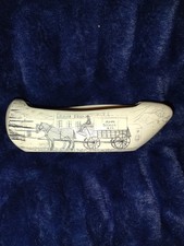 John Deere Sprague Sperm Whale Tooth Scrimshaw  6" England business card canoe picture