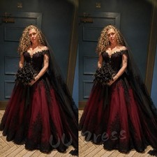 Gothic Burgundy Black Lace Wedding Dress Off Shoulder Ball Gown Bridal Gown picture