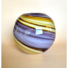 MCM Style Hand Blown Art Glass Orb Vase Amber Purple Swirl Round 8in picture