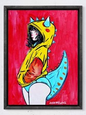Original Modern Art 12x16 Dinosaur Woman Portrait on Red Acrylic Painting Canvas picture