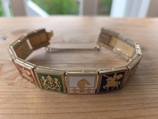 Heraldic Panel Bracelet Clip On Earrings Gold Tone & Enamel 1960s Renaissance 7" picture