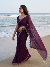 Embellished Bollywood Georgette Saree Purple Party wear with Unstitched Blouse picture
