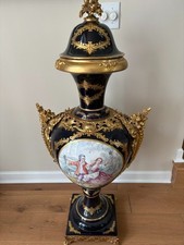 48" T. Limoges Cobalt Blue Hand Painted Porcelain Covered Urn Gilt Bronze picture