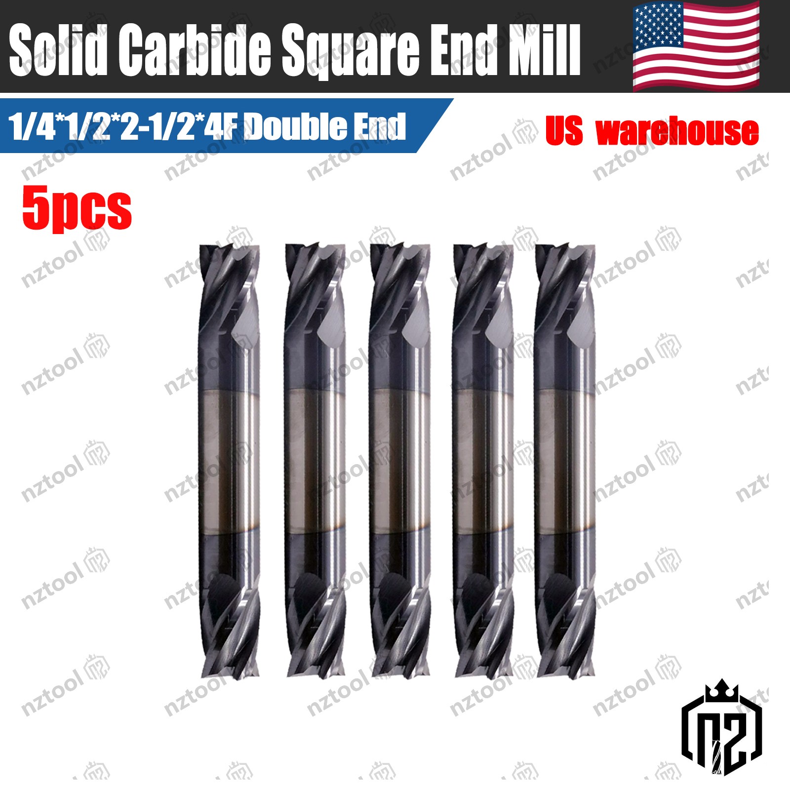 5Pcs Solid Carbide Double End Mill 4 Flute 1/4 1/2 2-1/2 Inch AlTiN Coated