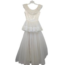 Vintage Ivory Wedding Dress Lace Pearl Tulle Peplum Full Skirt Bridal Gown XS picture