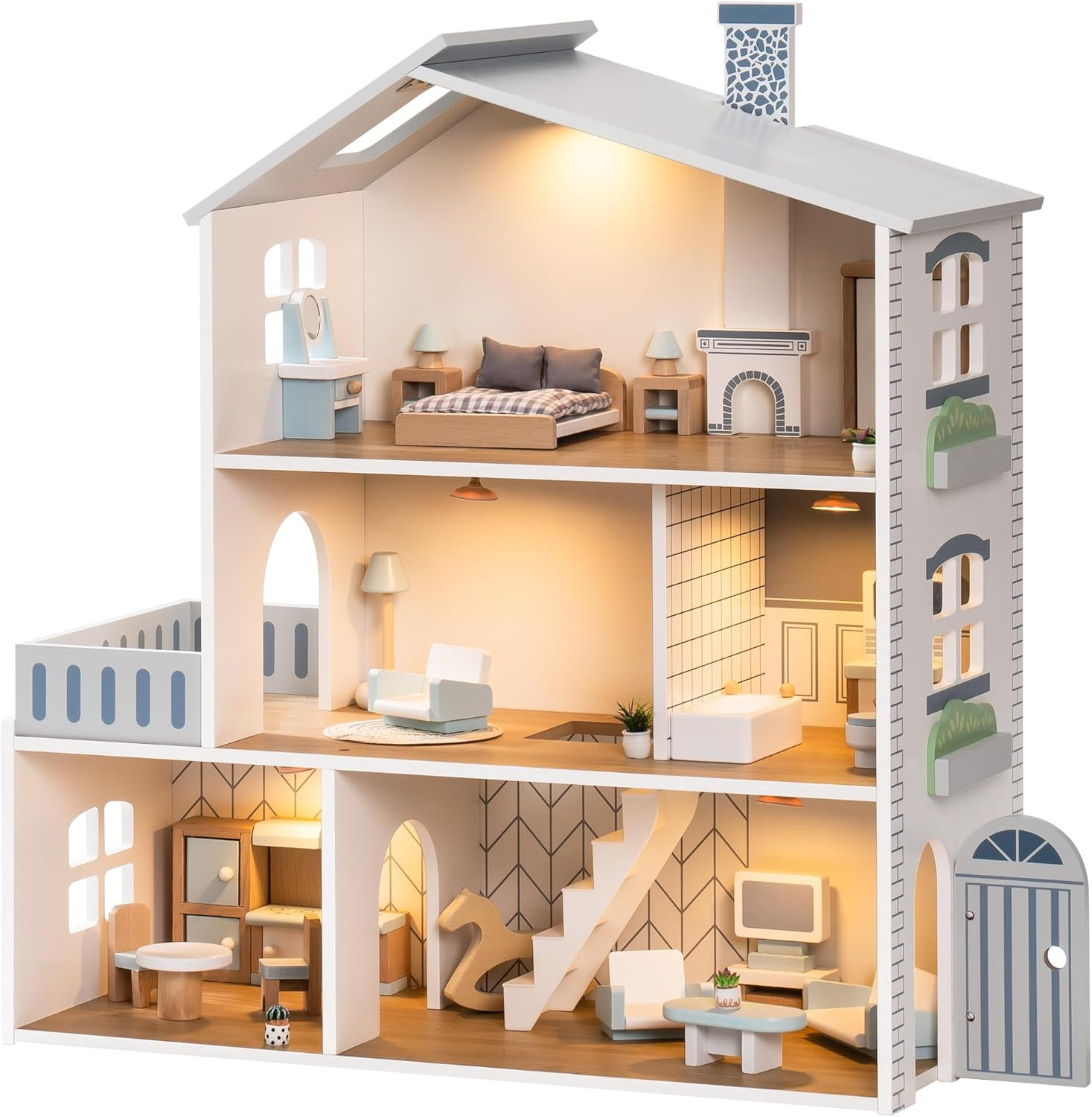 Doll House, Wooden Dollhouse with 6 Rooms, 29-Pcs Realistic Accessories, Dollhou Doll House, Wooden Dollhouse with 6 Rooms, 29-Pcs Realistic Accessories, Dollhou