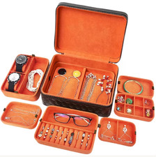 Black and Orange LED Light Luxury Travel Jewelry Case Organizer Genuine Leather picture