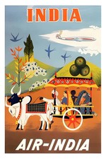 Air India Vintage Travel Poster Bullock Cart India Tourism Print 24x36 picture