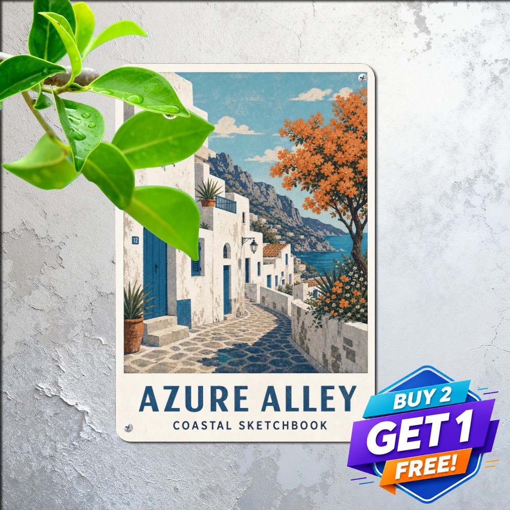 Scenic Mediterranean White Houses Blue Doors Architecture Plaque Metal Tin