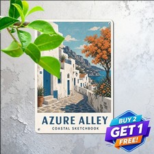 Scenic Mediterranean White Houses Blue Doors Architecture Plaque Metal Tin picture