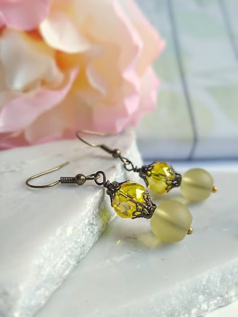 Unique Brass Dangle Earrings - Victorian Sea Glass Jewelry Gift Beach Jewelry Unique Brass Dangle Earrings - Victorian Sea Glass Jewelry Gift Beach Jewelry
