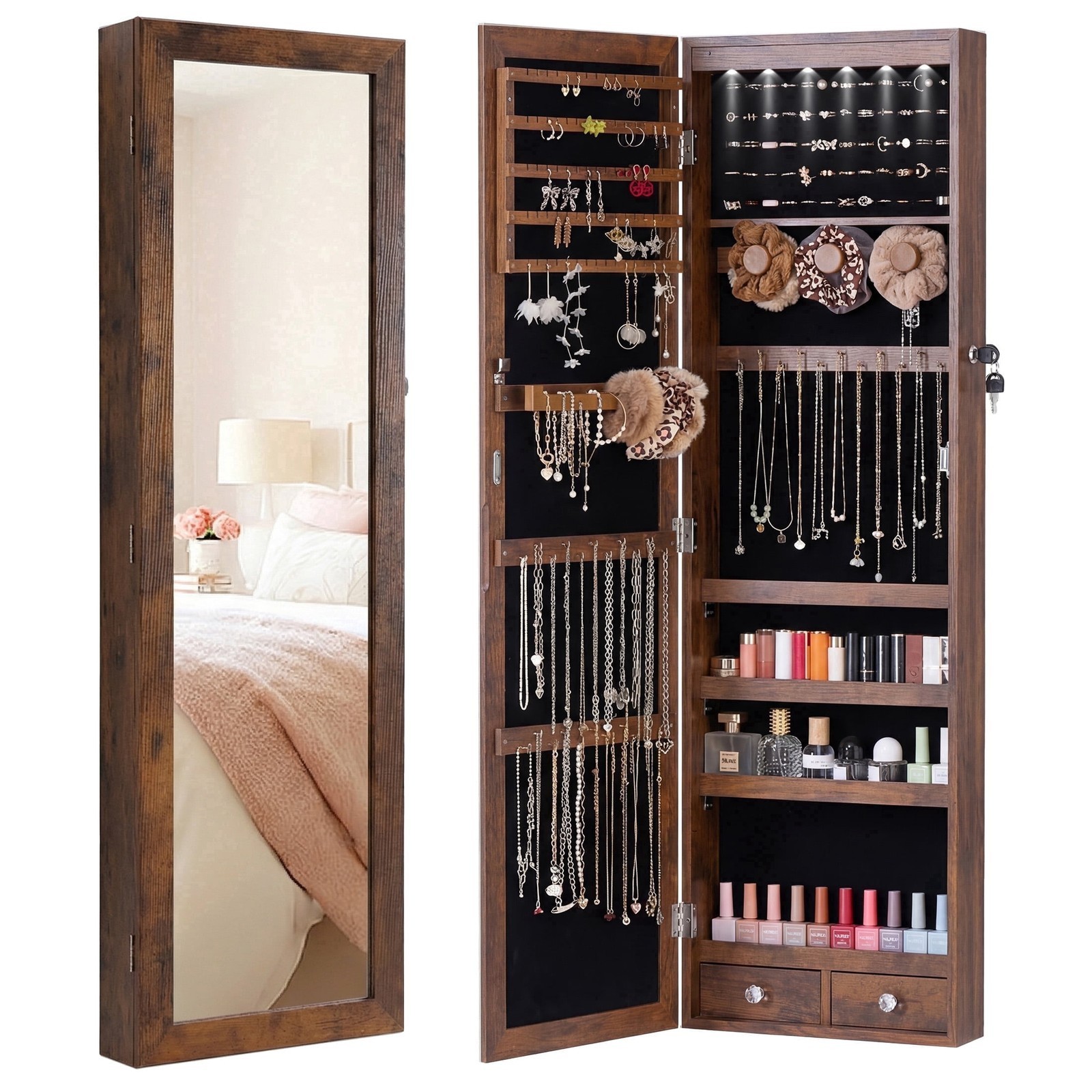 Lockable Jewelry Cabinet Organizer w/Full Length Mirror,Wall Mount Hanging Door Lockable Jewelry Cabinet Organizer w/Full Length Mirror,Wall Mount Hanging Door