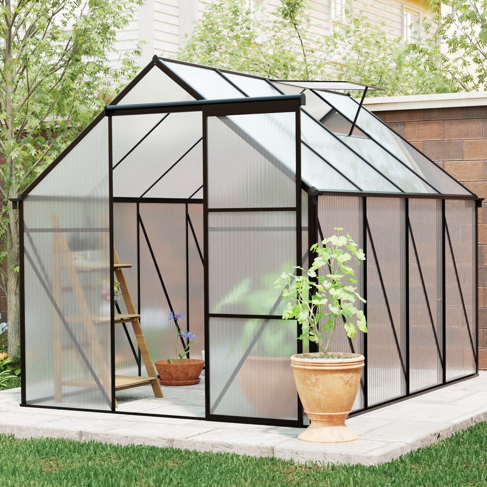 6x8 FT Walk-in Polycarbonate Greenhouse with Doors for Outdoor Backyard