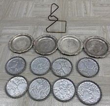 Vintage Silver Plated EP On Steel Etched Coaster Set Made In Italy + Carrier picture