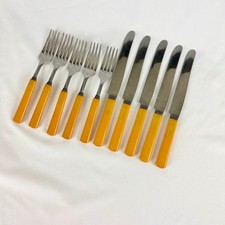 Vtg Glo Hall Canada Bakelite Stainless Butterscotch Forks and Knives Picnic Set picture