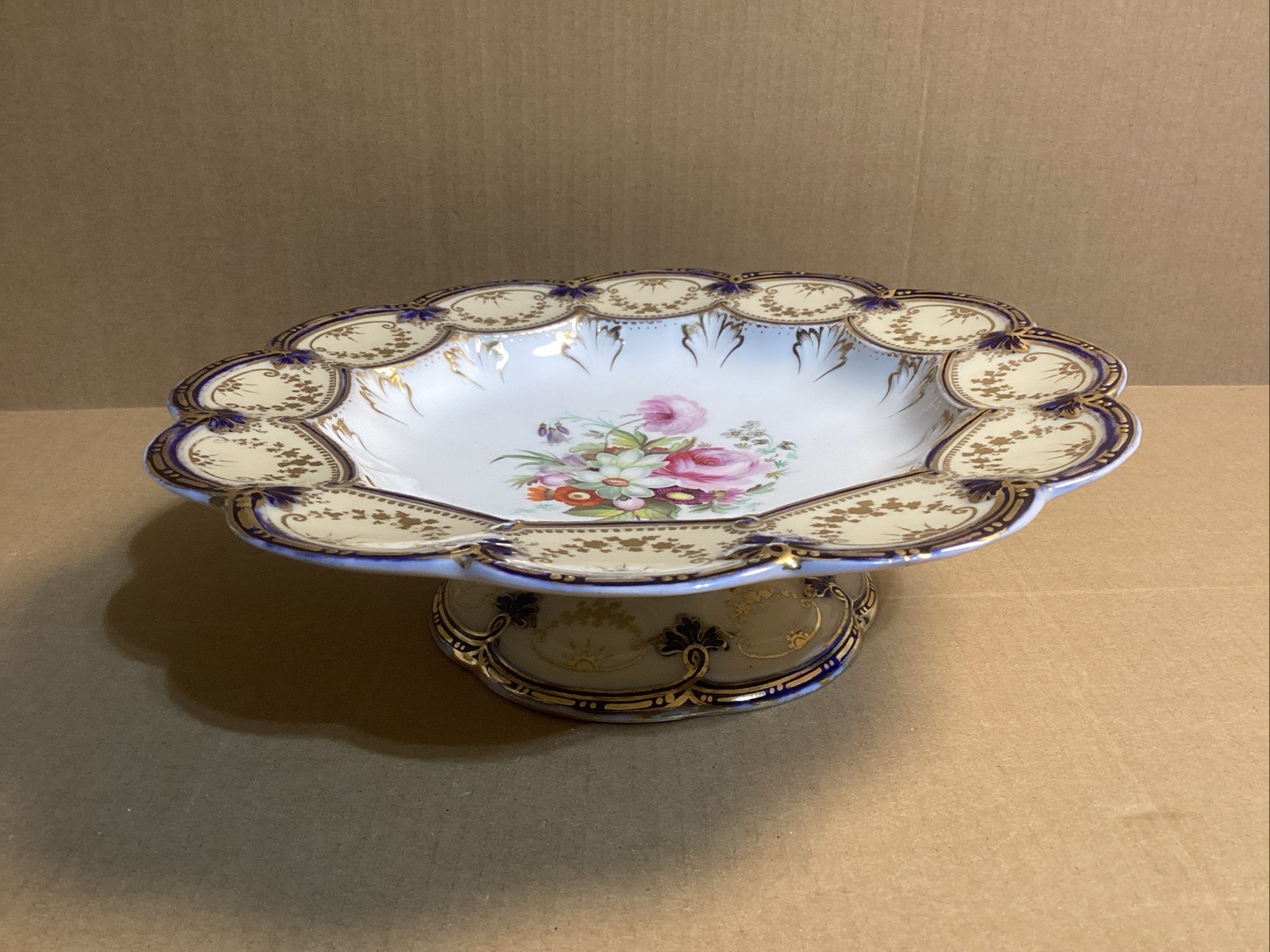 ENGLISH HAND PAINTED DESSERT COMPOTE  CIRCA 1830 FLORAL GOLD TRIM COALPORT
