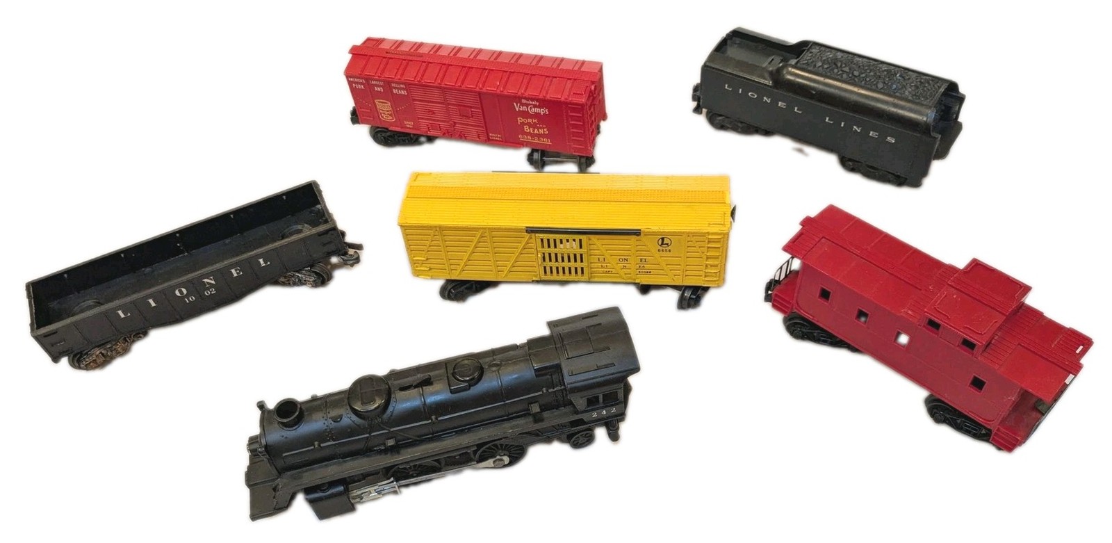 Vintage Lionel O-27 Train Cars Mixed Lot 242 Engine 6656 1002 Van Camps Caboose Vintage Lionel O-27 Train Cars Mixed Lot 242 Engine 6656 1002 Van Camps Caboose