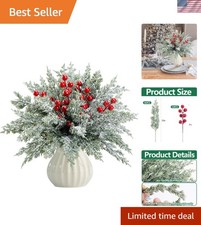 60 Pcs Artificial Christmas Snow Pine Branches with Red Berry Stems, Snowy Fa... picture