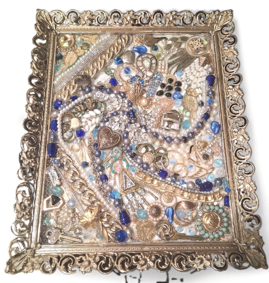 Recycled Upcycled Vintage Jewelry Art Gold Framed Abstract One-of-a-Kind