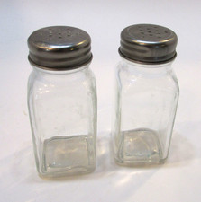 Old 1960's Square Heavy Clear Glass 3.5" Tall Vintage Cafe Salt Pepper Shakers picture