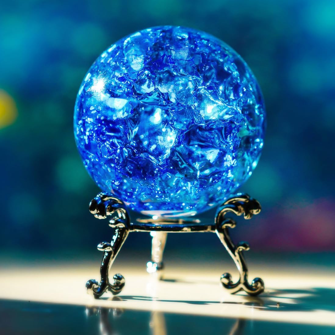 60Mm Ice Cracked Crystal Ball Paperweight Blue Glass Ball with Stand