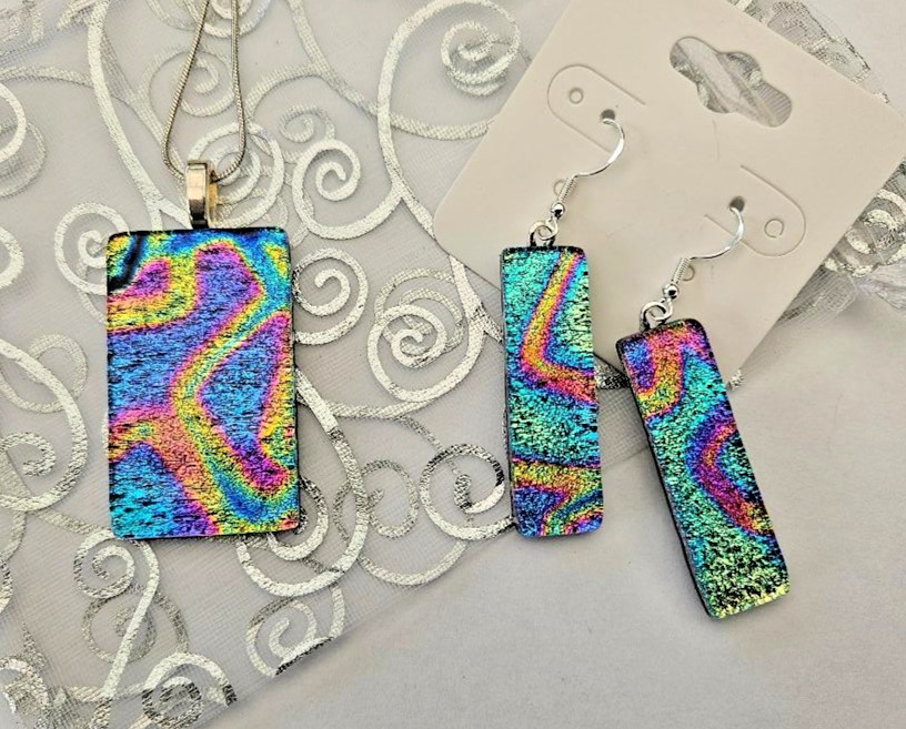 Handcrafted Fused Glass Multicolor Dichroic Glass Pendant and Earring Set