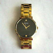 GUESS Gold-Tone Metal Bracelet Watch Black Dial Analog Round Square Index picture