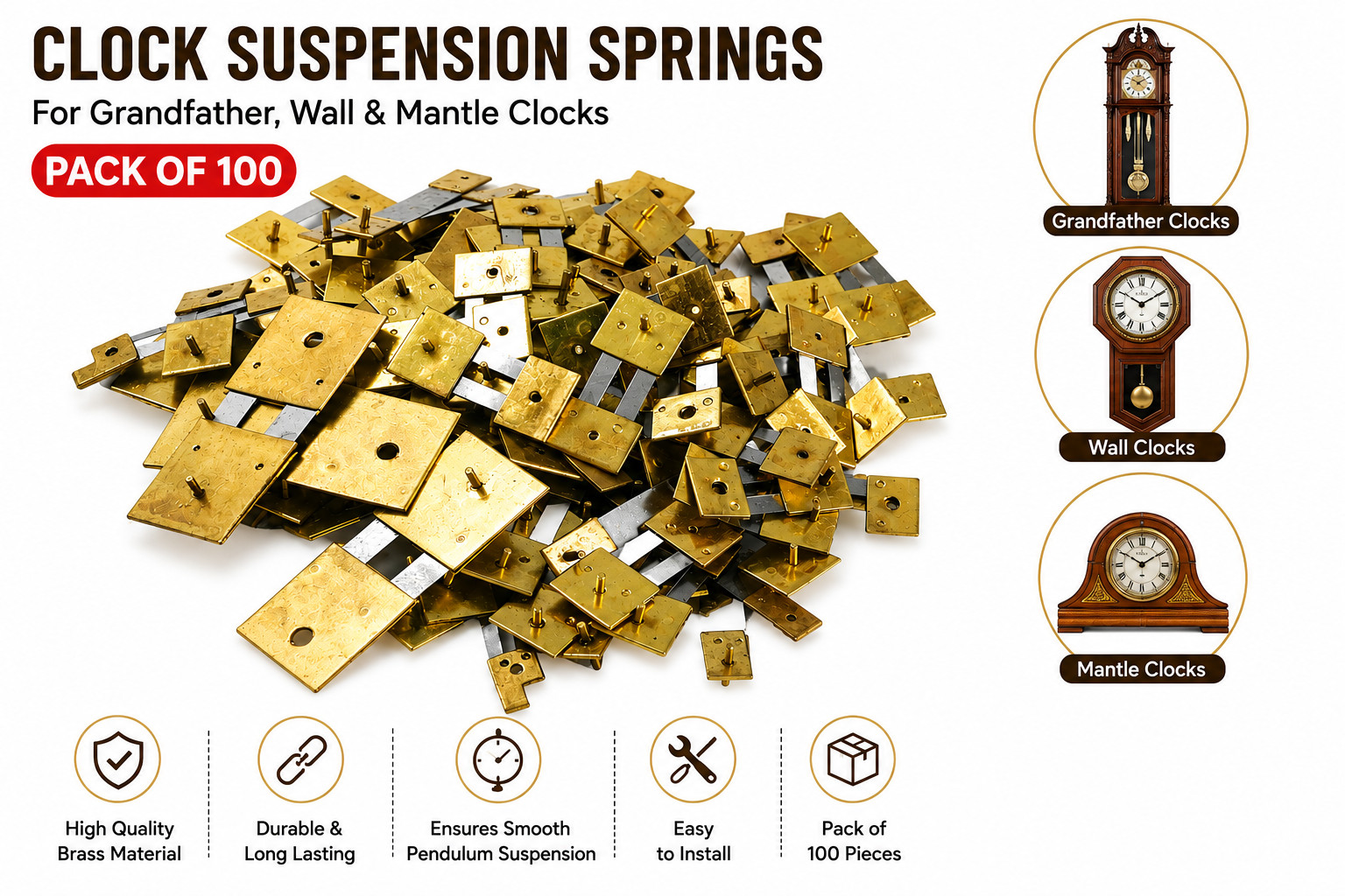 Pack of 100pcs Clock Suspension Springs for Grandfather, Wall & Mantle Clocks Pack of 100pcs Clock Suspension Springs for Grandfather, Wall & Mantle Clocks