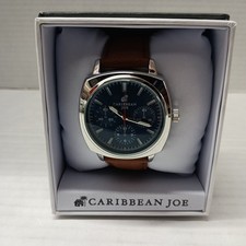 Caribbean Joe Watch Men 44mm Case Brown Band Blue Dial Silver Tone w/ Box picture