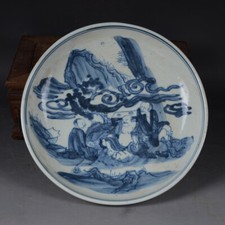 8.2" Antique Collect China Blue White Porcelain Hand Painting Figure Grain Plate picture