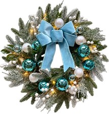 Lnymura 22" Lighted Christmas Wreath Blue White Bow Warm LED Timer Door Decor picture