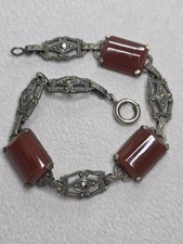 Antique Art Deco Sterling Silver Carnelian Marcasite Bracelet 7" 1920s 1930s picture