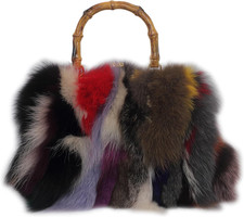 Real Fox Fur Handbag – Vintage Kisslock Purse with Bamboo Handle, Patchwork from picture