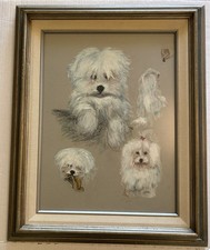 1960s Pastel Portrait Of Male Female Maltese Dogs  Framed Matted 17x31” Signed picture