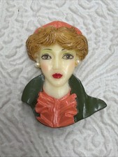VINTAGE LADY HEAD VASE DARK BLONDE WITH "Glamour Girl" Design Styles 2.5” BROOCH picture